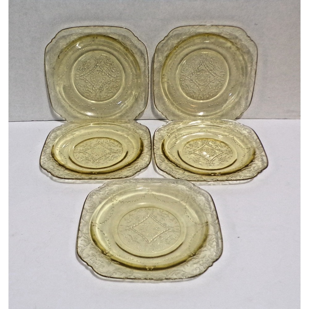 Federal Madrid Yellow Bread Plates Depression Glass 6" Square Set of 4 Vintage